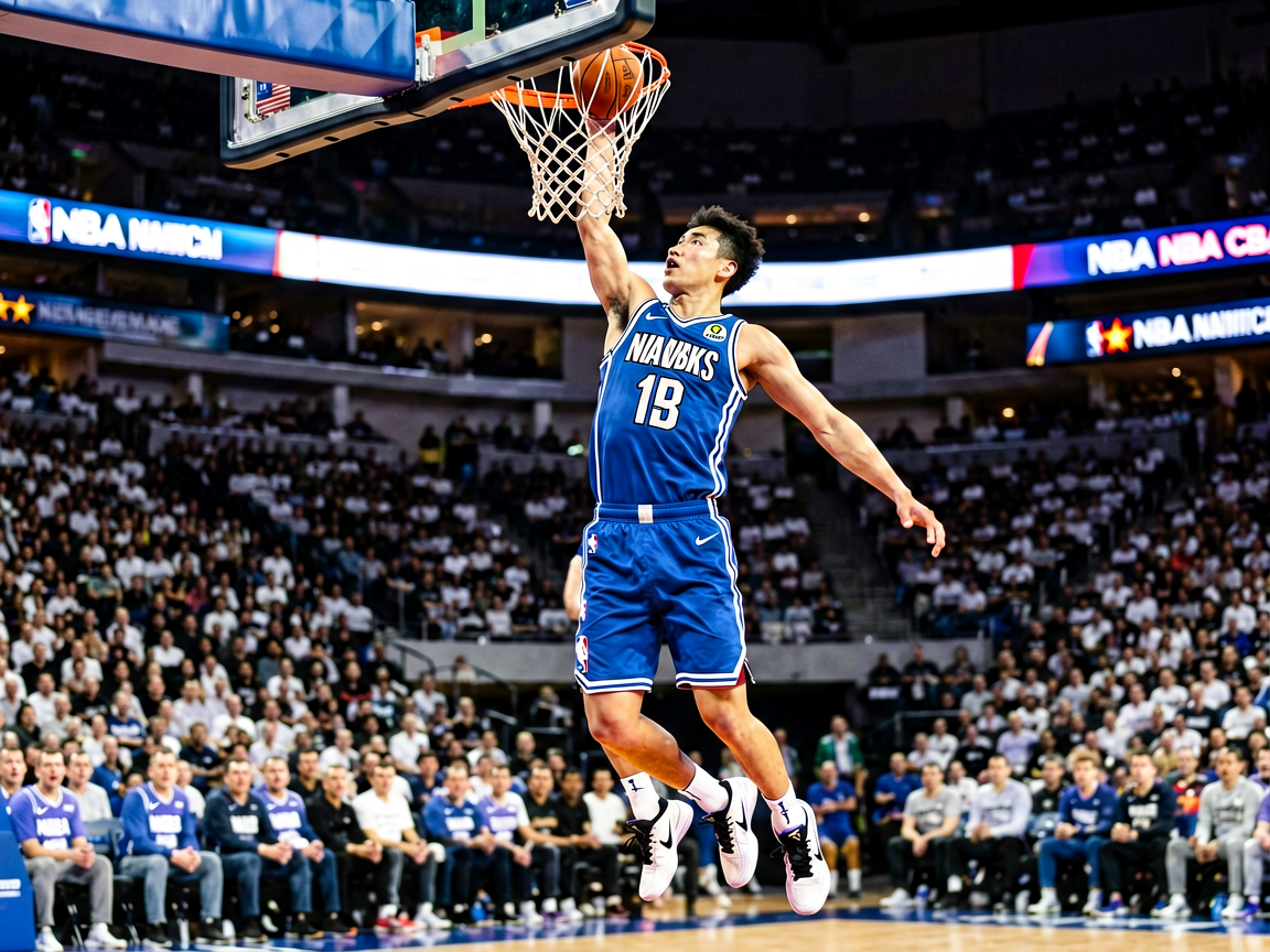 篮球比赛中球员腾空扣篮的瞬间，体现NBA赛事的精彩与力量