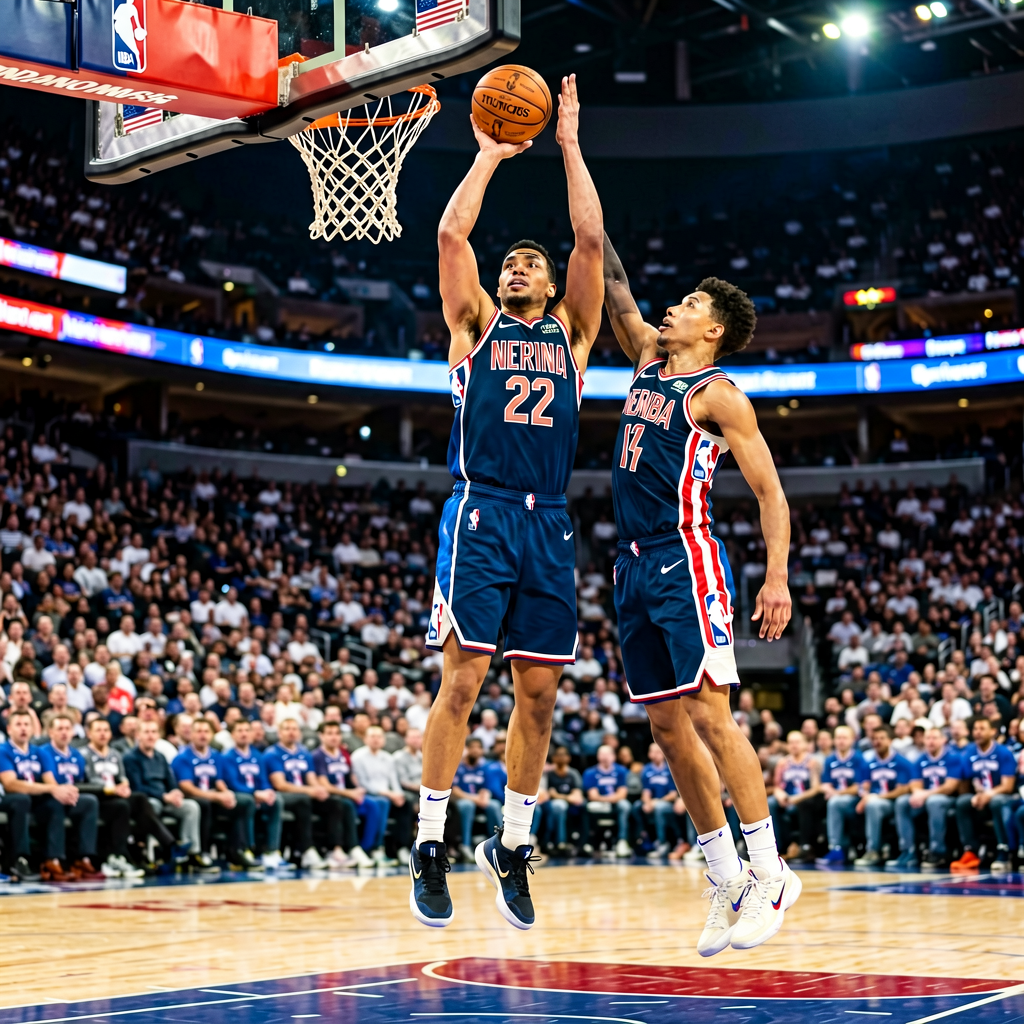 NBA季后赛比赛中球员跳投瞬间，呈现篮球赛事的高水平竞技对抗