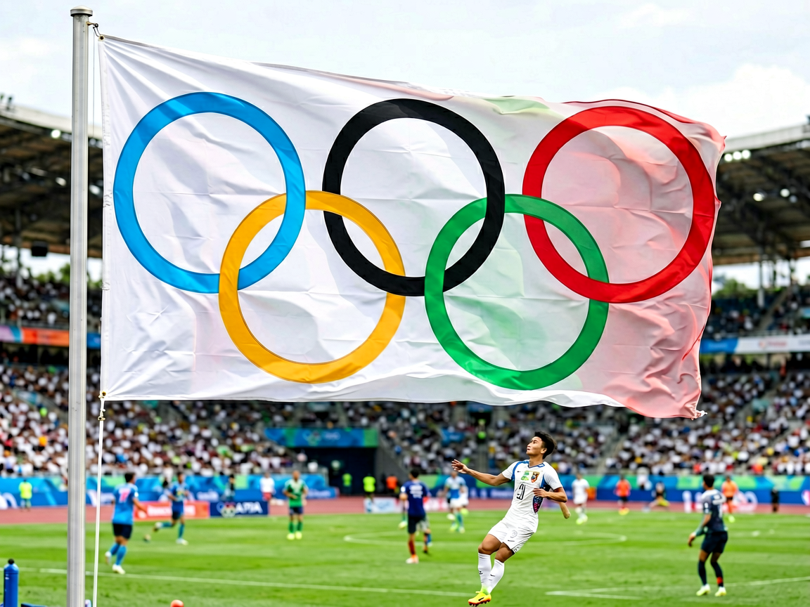 奥运五环旗帜在赛场飘扬，象征奥林匹克精神与全球体育盛会